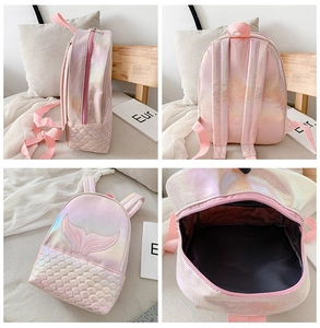 Detail view of holographic mermaid backpack with sequin tail and spacious main compartment