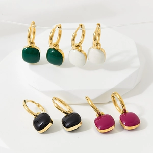 Colorful square drop earrings in gold plated stainless steel with enamel finish