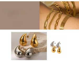 Polished 18k gold plated stainless steel teardrop earrings and chain bracelets