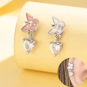 Butterfly Heart Dangle Ear Cartilage Stud Titanium Steel Zircon Enamel Double Headed Screw Threaded Piercing Jewelry