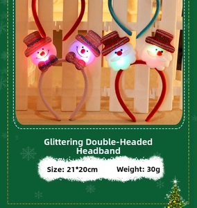 Detail view of glowing Christmas headband with sequins, featuring snowman and Santa Claus