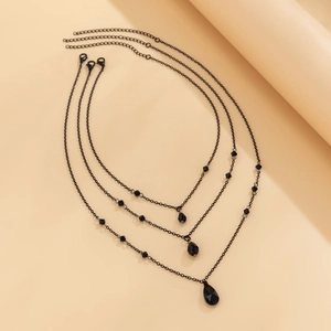 Gothic multilayer necklace with black crystal teardrop pendants and hip-hop metal chains