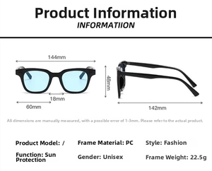 Detailed size chart for square sunglasses showing lens width and frame measurements
