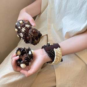 Bohemian style wood bead and coconut shell woven bracelet set for women ethnic fashion