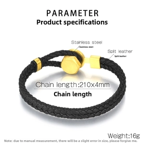 Detail view of double-layer split leather bracelet with golden stainless steel buckle