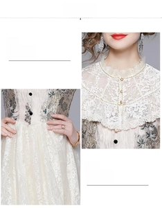Detailed view of ruffle lace collar with gold beads and floral embroidery on the dress
