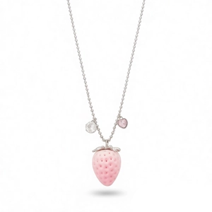 Elegant silver bead necklace with pink strawberry, heart and crystal pendants on white background