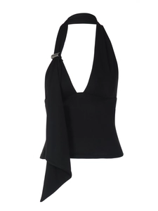 Women's black halter neck top with deep V-neck and decorative silver metal buckles