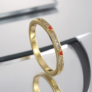 Gold heart ring with red enamel and micro-set white cubic zirconia stones for women