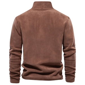 Detail view of the back of a men's brown fleece sweatshirt showing fabric texture