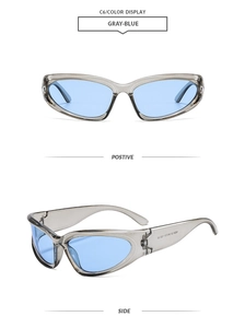 Front and side view of Y2K wrap sunglasses in transparent grey frame and blue lenses