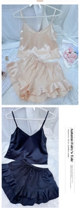 Satin ice silk pajamas set with V-neck camisole and ruffled shorts in champagne and black