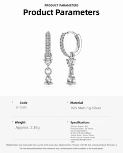 Macro view of S925 sterling silver drop earring with 5A pear-shaped cubic zirconia