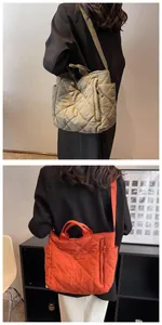 Detailed quilted tote bag featuring a spacious multi-pocket design and long shoulder strap