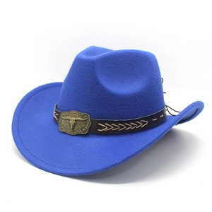 Navy blue wool felt western cowboy hat featuring a leather band and steer skull metal ornament