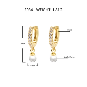 Detailed size chart of gold brass hoop earrings with AAA zircon and white pearl drops