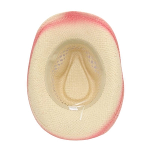 Close-up of pink gradient straw hat interior with sweatband and adjustable drawstring