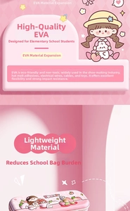 Detail of pink EVA pencil case featuring durable shockproof material and cute 3D cartoon pattern