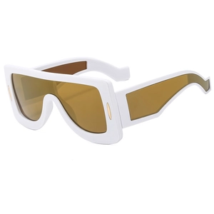 Futuristic oversized white frame sunglasses with brown lenses in a 45-degree angle view