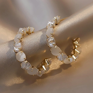 C-Shaped Hoop Earrings With Faux Cat Eye Stone Rhinestone 925 Sterling Silver Earring Post Elegant Jewelry For Women
