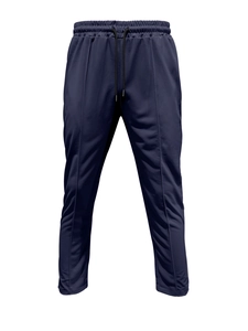 Detail of navy blue joggers featuring a drawstring elastic waist and front pleat stitching