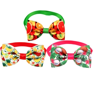 Three-pack tropical fruit pattern pet bow ties in orange, red, and pink polyester