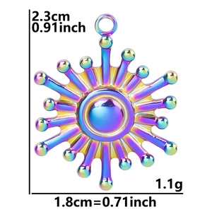 Rainbow plated stainless steel sun pendant detail showing size 2.3cm x 1.8cm and 1.1g weight