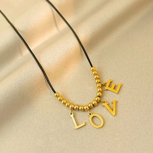 Titanium Steel LOVE Letter Heart Gourd Pendant Necklace Gold Plated Beads Black Cord Fashion Minimalist Clavicle Chain Women