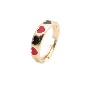 Adjustable golden ring with alternating red and black enamel heart patterns