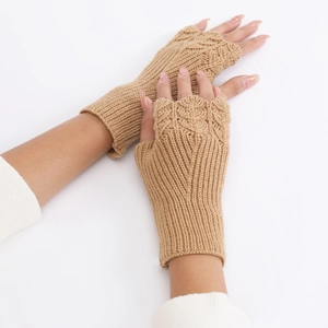 Detailed knit pattern on camel fingerless wool gloves showing open-finger design