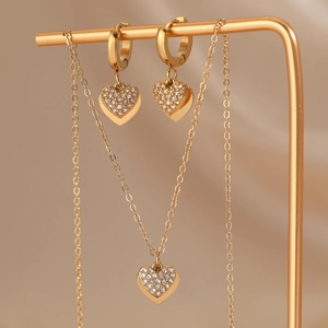 Stainless Steel Heart Necklace And Hoop Earrings For Women Zirconia Inlaid Waterproof Tarnish Free Luxury Fashion Accessories