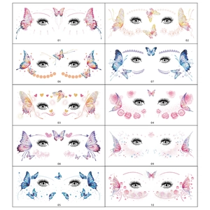 Detailed catalog showing 10 styles of glitter butterfly temporary face tattoo stickers