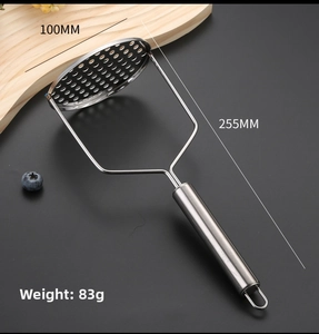 Detail showing stainless steel potato masher head dimensions of 100mm with circular holes