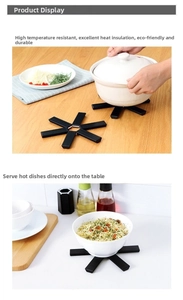 Foldable black cross heat insulation pads protecting wooden table and white countertop from hot pots