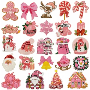 Pink Christmas Embroidery Patches Cartoon Iron On Polyester Heat Melt Appliques Decorative Badges Clothing Bag Decoration
