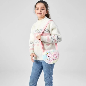 Rainbow plush unicorn crossbody bag for girls with adjustable pink strap on child model