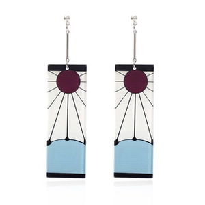 Detailed close-up of rectangular Demon Slayer hanafuda style earrings on a white background