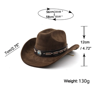 Dimensioni dettagliate del cappello da cowboy marrone scuro con fascia etnica in pelle