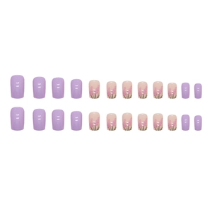 Lavender purple and floral pattern short square press-on nail set with 24 pieces