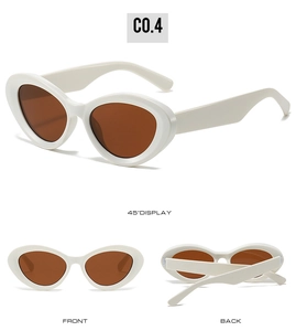 Detailed multi-angle views of retro cat-eye sunglasses with white frames and brown lenses