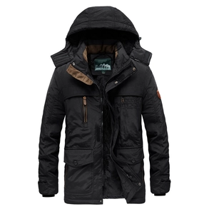 Men's retro black padded fleece jacket with hood and multiple utility pockets