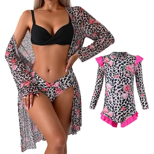Three-piece leopard rose bikini with cover-up and matching girls' long sleeve swimwear
