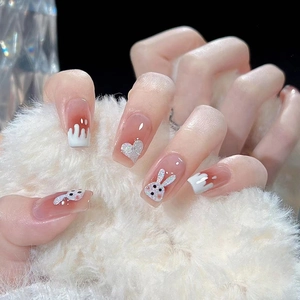 Sweet Pink Gradient Press On Nails With Rabbit Heart Pattern Short Round Fake Nails For Women Daily Manicure Decoration