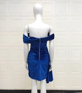 Vue arrière de robe rayée bleue avec fermeture éclair et détails froncés