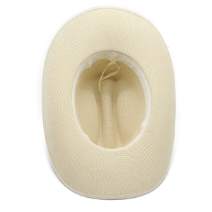 Detail view of woven straw hat interior with sweatband and hanging elastic strap