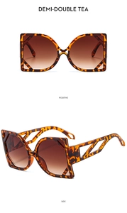Front and side view of cat-eye geometric sunglasses with hollow temples in tortoise shell