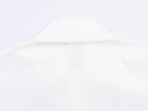 Close-up of the delicate lace trim on the collar of this elegant white blouse