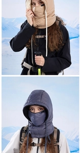Detailed close-up of winter hooded face mask with thermal fleece lining and drawstrings