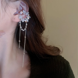 Silver leaf cuff earrings with zircon flower and long pearl tassels for non-pierced ears