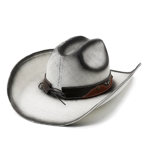 Detail of white straw cowboy hat showing dark gradient edges and brown leather studded band